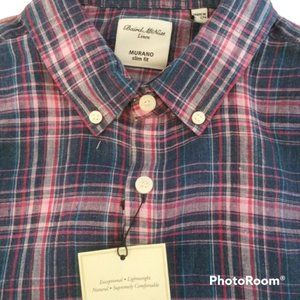 Murano 100% Linen LS Shirt Tab Collar Multi Plaid Washable Slim Fit Larg…